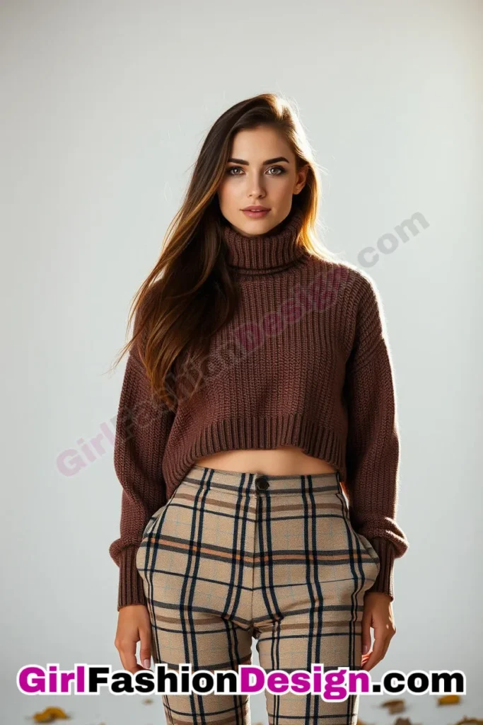 19. High-Neck Cropped Sweater and Plaid Trousers - 51 Top Spring School Outfits for Teen Girls Impress Your Friends with Stylish Looks (2)