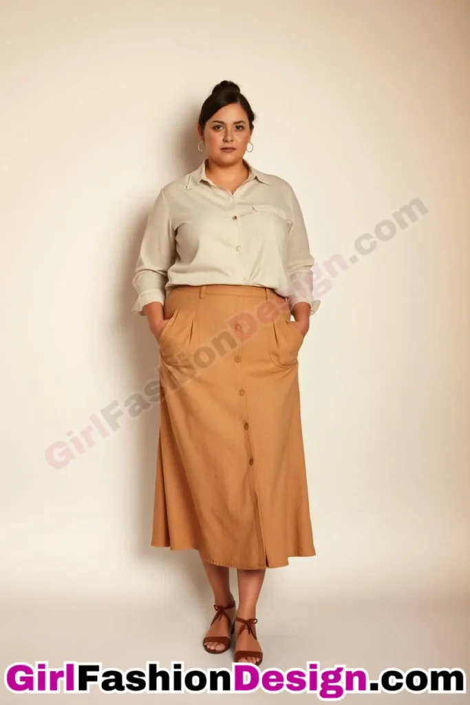 2. Bamboo-Blend Midi Skirt with Button-Up Blouse - 21 Best Plus-Size Office Outfits for Summer Stay Stylish Comfortable in Business Casual (1).jpg