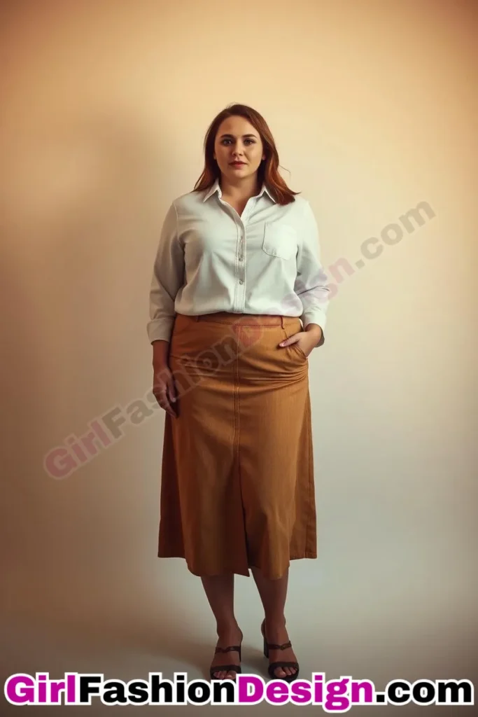 2. Bamboo-Blend Midi Skirt with Button-Up Blouse - 21 Best Plus-Size Office Outfits for Summer Stay Stylish Comfortable in Business Casual (2).jpg