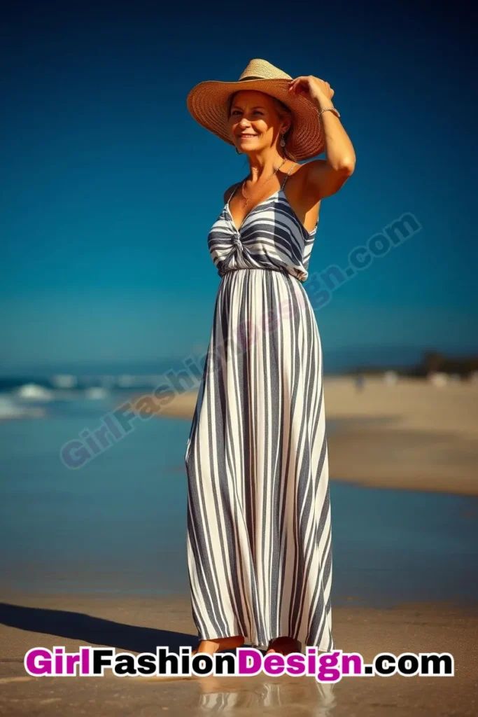 2. Striped Maxi Dress & Wide-Brim Hat - 24 Best Beachwear Outfits for Women Over 50 Trending Perfect 50s-Inspired Look (1).jpg