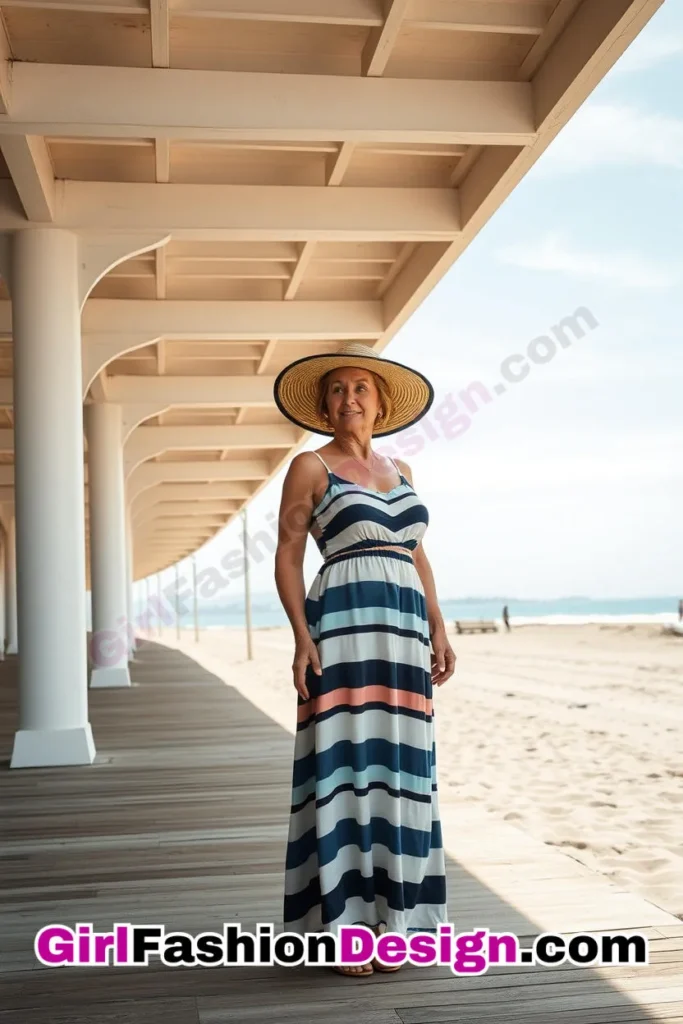 2. Striped Maxi Dress & Wide-Brim Hat - 24 Best Beachwear Outfits for Women Over 50 Trending Perfect 50s-Inspired Look (2).jpg