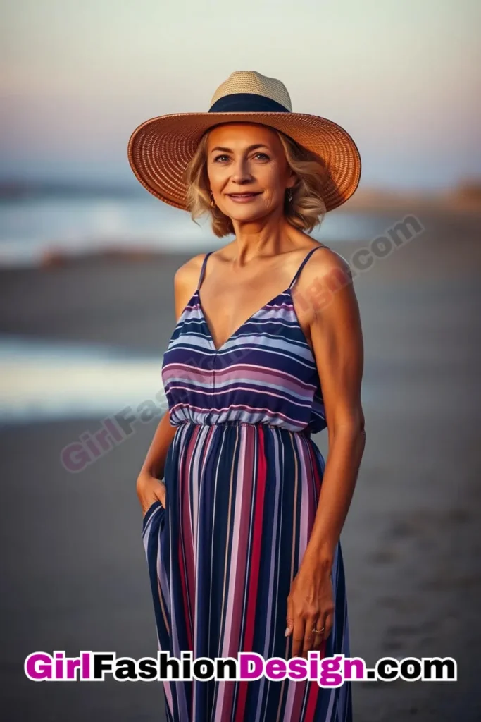 2. Striped Maxi Dress & Wide-Brim Hat - 24 Best Beachwear Outfits for Women Over 50 Trending Perfect 50s-Inspired Look (4).jpg