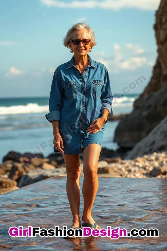 20. Denim Shirt Dress & Classic Flip-Flops - 24 Best Beachwear Outfits for Women Over 50 Trending Perfect 50s-Inspired Look (1).jpg