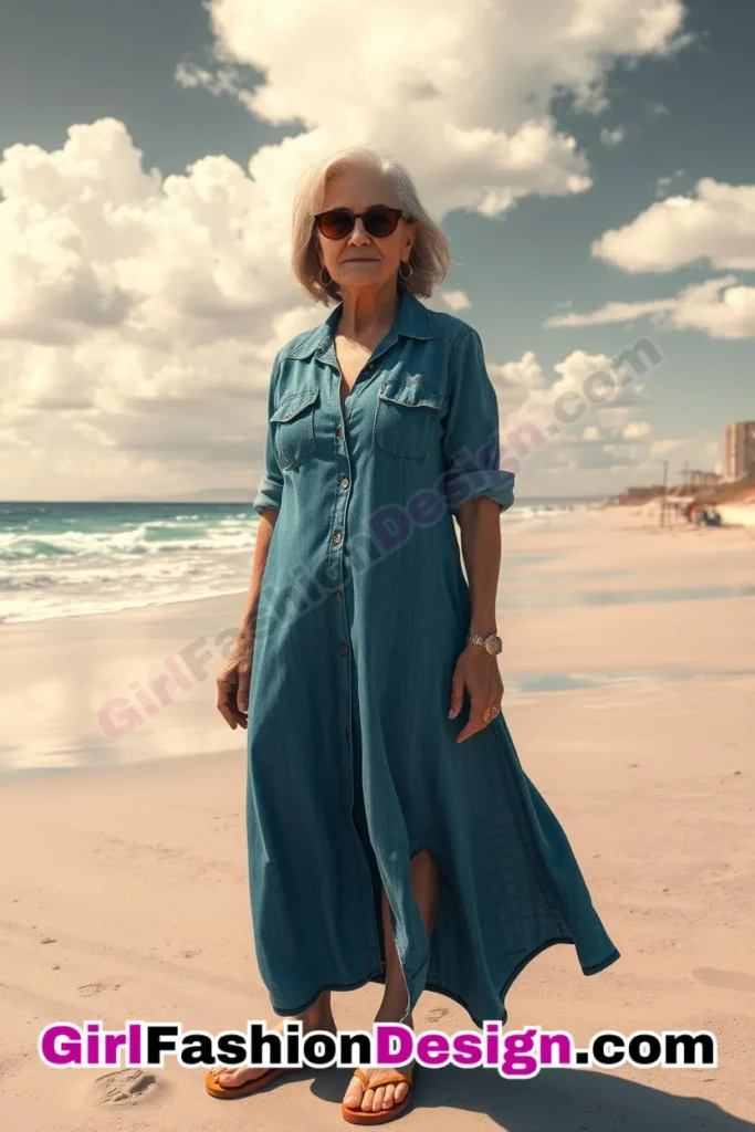 20. Denim Shirt Dress & Classic Flip-Flops - 24 Best Beachwear Outfits for Women Over 50 Trending Perfect 50s-Inspired Look (2).jpg