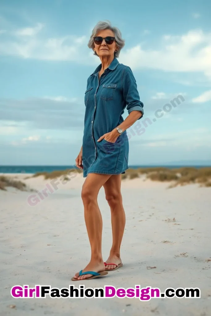 20. Denim Shirt Dress & Classic Flip-Flops - 24 Best Beachwear Outfits for Women Over 50 Trending Perfect 50s-Inspired Look (4).jpg