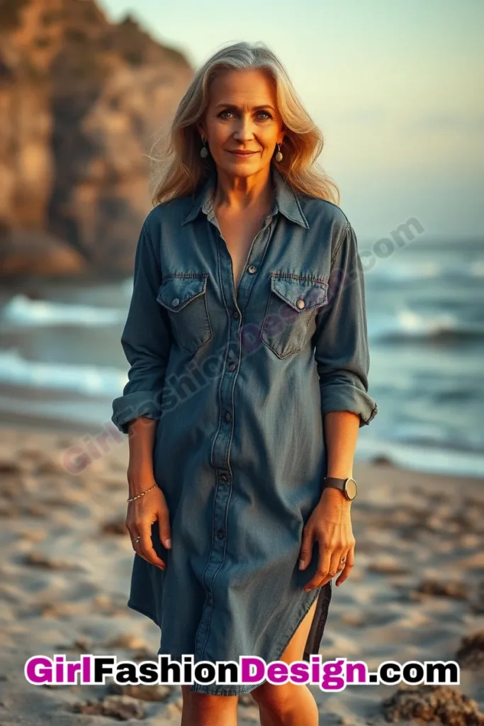 20. Denim Shirt Dress & Classic Flip-Flops - 24 Best Beachwear Outfits for Women Over 50 Trending Perfect 50s-Inspired Look (5).jpg