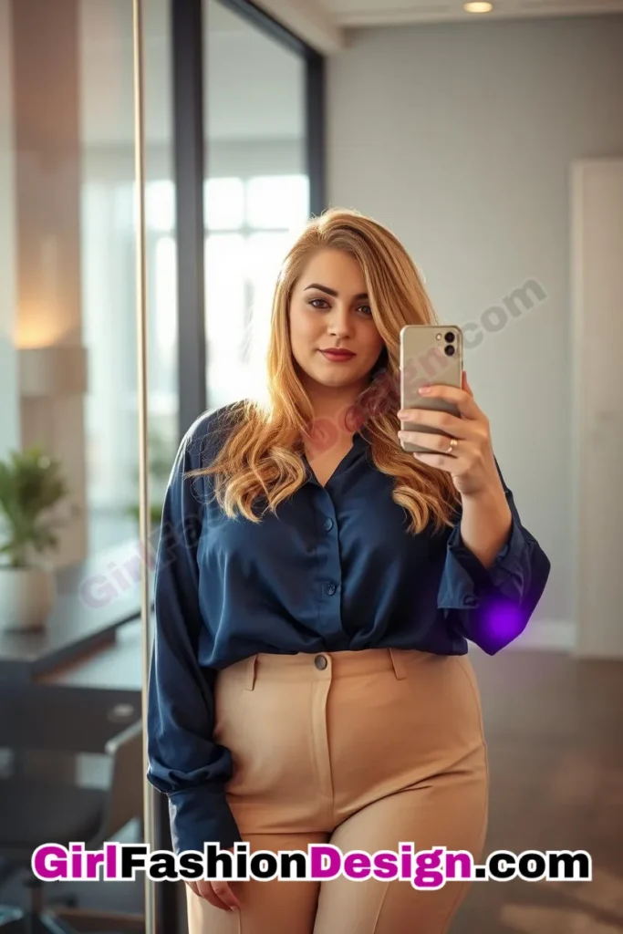 20. Navy Satin Blouse with Beige Slim-Fit Trousers For Plus Size Luxury Office Wear (2).jpg