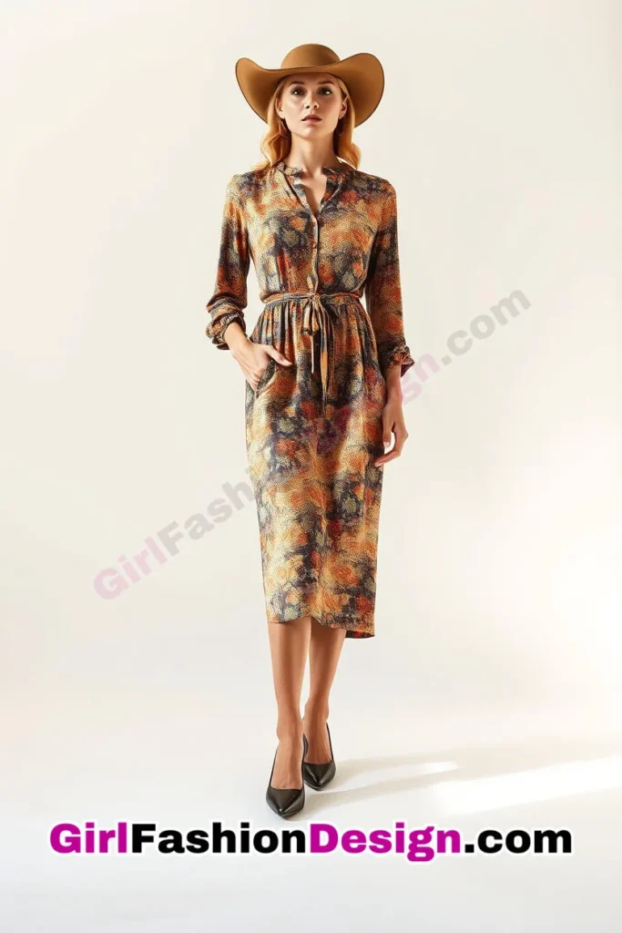 20. Printed Midi Dress & Classic Pumps - 25 Trendsetting Corporate Outfits for the Modern Professional Women (3).jpg