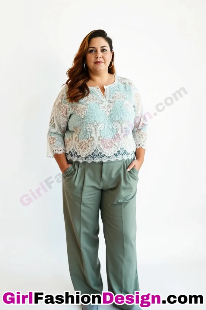 20. Recycled Lace Blouse and High-Waist Trousers - 21 Best Plus-Size Office Outfits for Summer Stay Stylish Comfortable in Business Casual (3).jpg