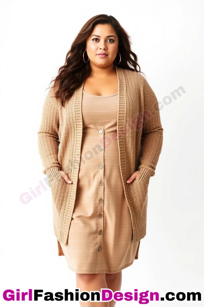 21. Bamboo Knit Cardigan Over Shift Dress - 21 Best Plus-Size Office Outfits for Summer Stay Stylish Comfortable in Business Casual (3).jpg