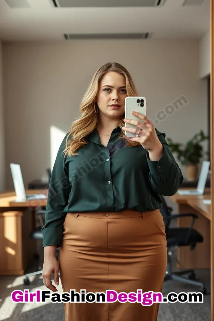 21. Forest Green Collared Shirt with Camel Pencil Skirt For Plus Size Luxury Office Wear (1).jpg