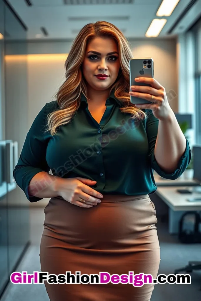 21. Forest Green Collared Shirt with Camel Pencil Skirt For Plus Size Luxury Office Wear (2).jpg