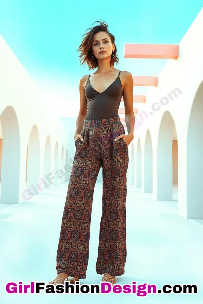 21. Patterned Wide-Leg Pants and Fitted Bodysuit - What Should I Wear in Palm Springs Outfits 31 Best Palm Springs Outfits (5).jpg