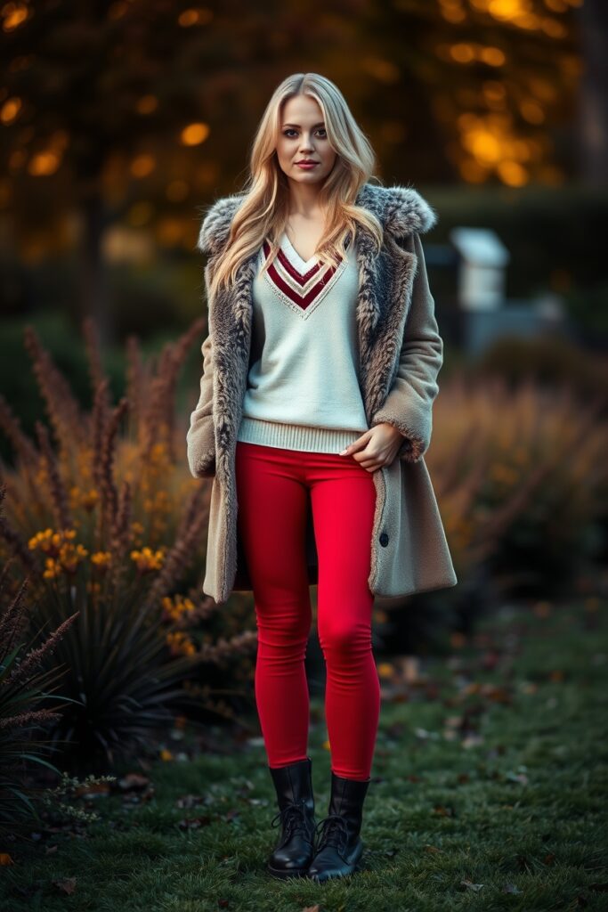 22. American Eagle Flare Leggings Outfit with V-Neck Sweater, Fur-Lined Coat, and Sleek Chelsea Boots (1)