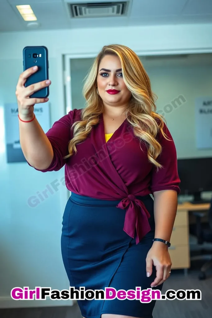 23. Burgundy Wrap Top with Navy High-Waisted Skirt For Plus Size Luxury Office Wear (1).jpg