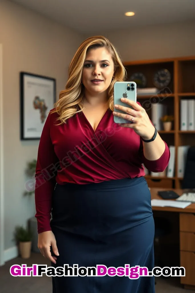 23. Burgundy Wrap Top with Navy High-Waisted Skirt For Plus Size Luxury Office Wear (2).jpg