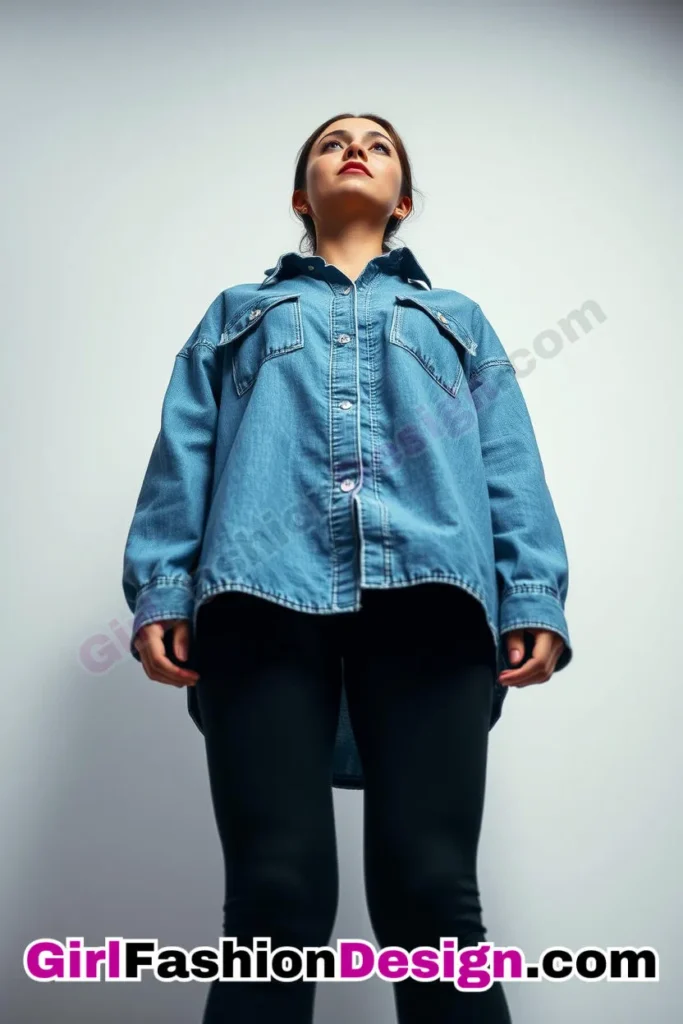 23. Oversized Denim Shirt with Leggings - 51 Top Spring School Outfits for Teen Girls Impress Your Friends with Stylish Looks (1)