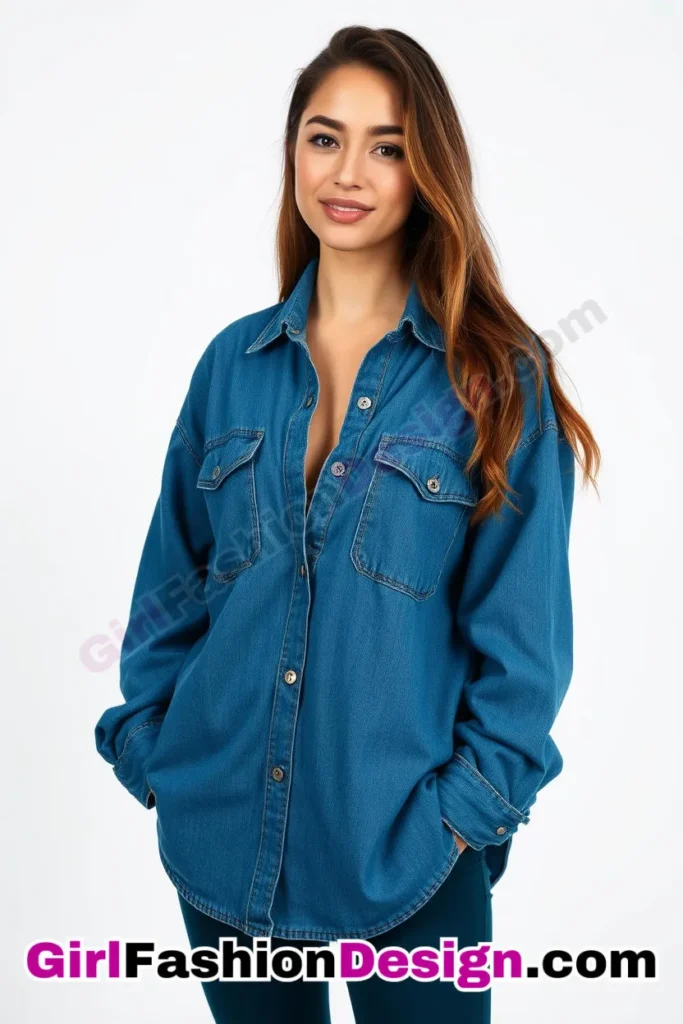 23. Oversized Denim Shirt with Leggings - 51 Top Spring School Outfits for Teen Girls Impress Your Friends with Stylish Looks (4)