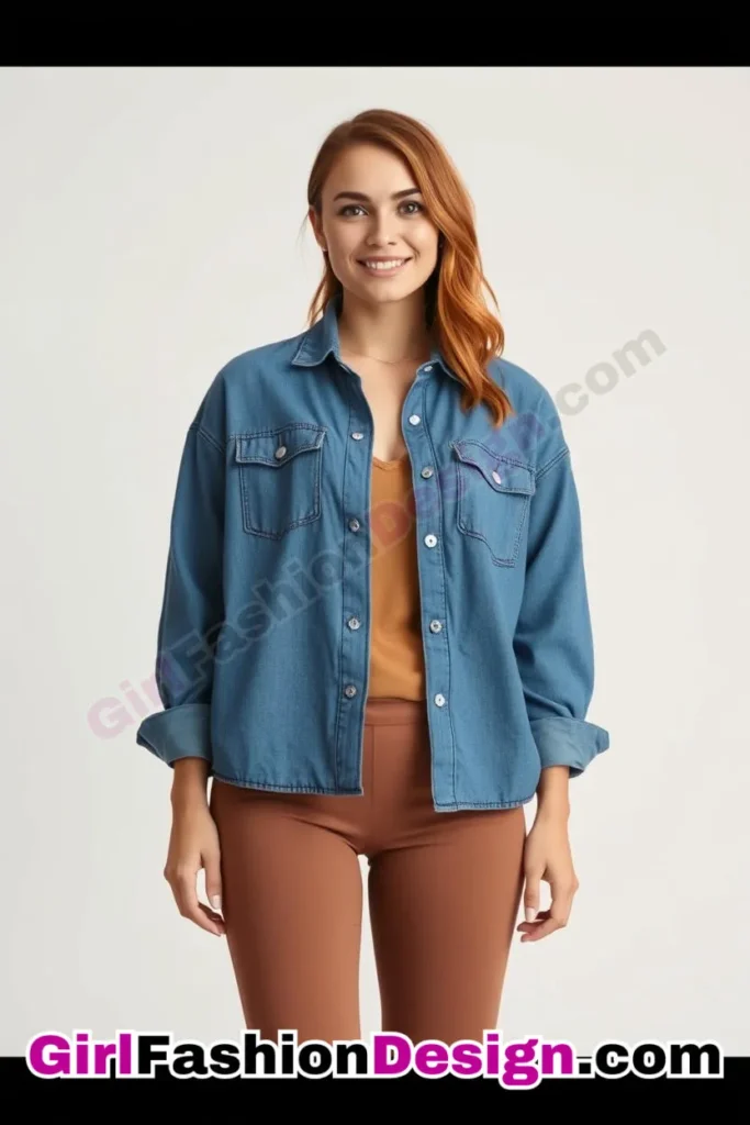 23. Oversized Denim Shirt with Leggings - 51 Top Spring School Outfits for Teen Girls Impress Your Friends with Stylish Looks (5)