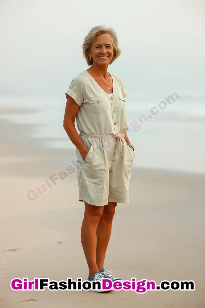 23. Short-Sleeve Romper & Canvas Sneakers - 24 Best Beachwear Outfits for Women Over 50 Trending Perfect 50s-Inspired Look (4).jpg