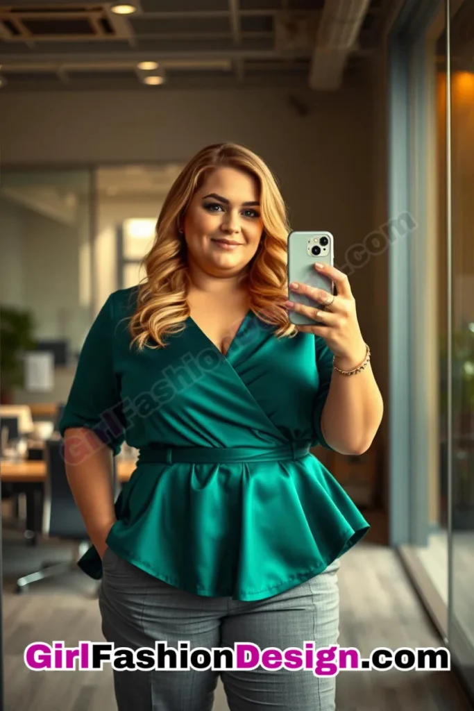 24. Emerald Satin Peplum Blouse with Gray Trousers For Plus Size Luxury Office Wear (1).jpg