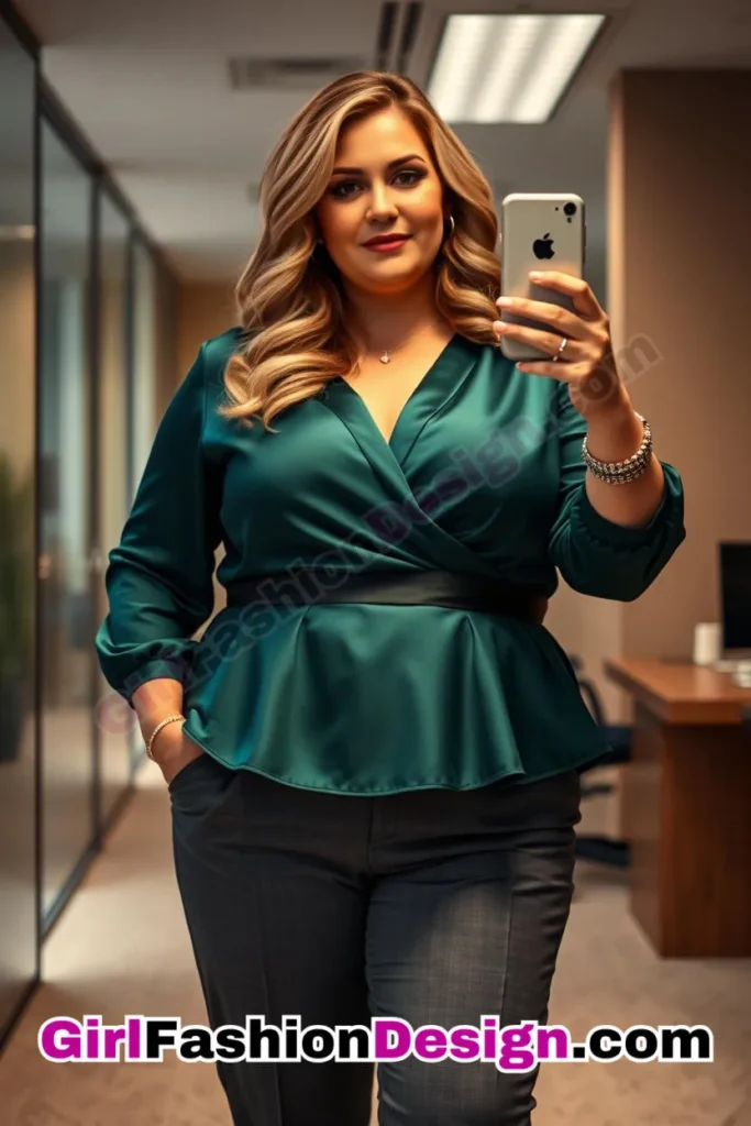 24. Emerald Satin Peplum Blouse with Gray Trousers For Plus Size Luxury Office Wear (2).jpg