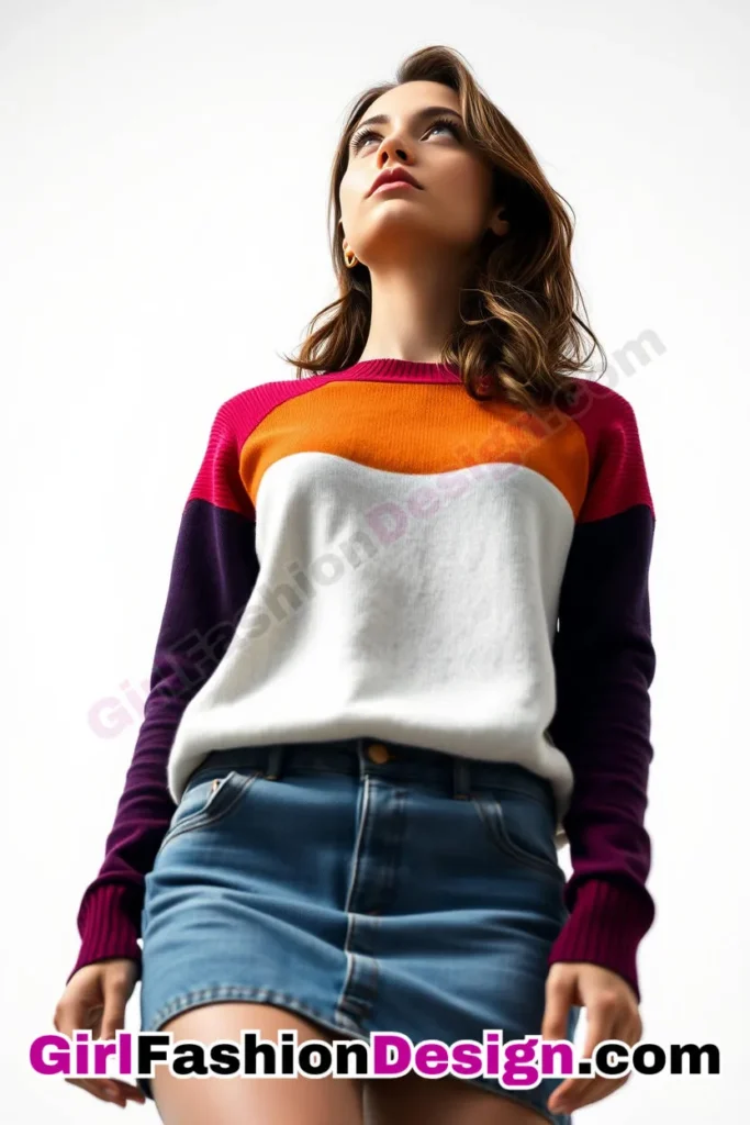 25. Color-Blocked Sweater over a Denim Skirt - 51 Top Spring School Outfits for Teen Girls Impress Your Friends with Stylish Looks (6)