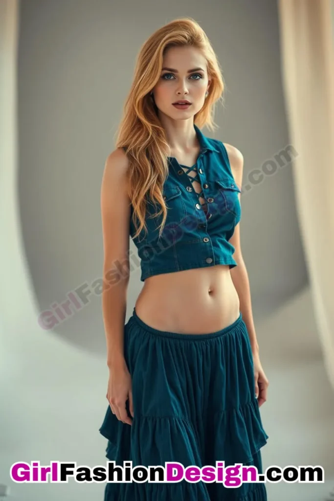 25. Lace-Up Front Denim Top (Women) With Tiered Maxi Skirt (1).jpg