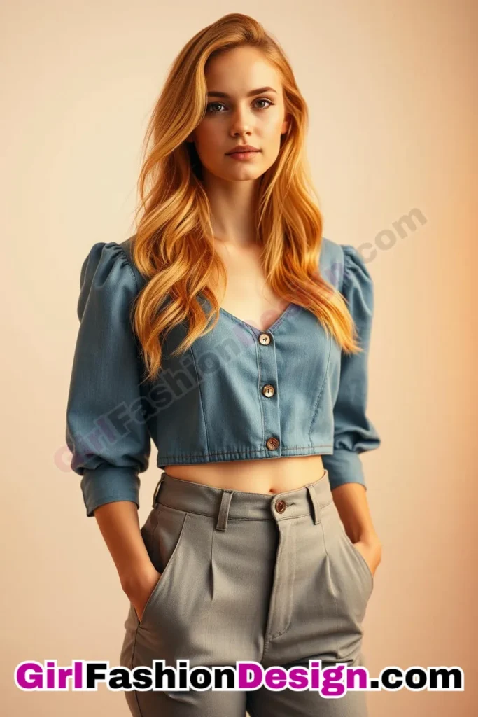 27. Puff-Sleeve Cropped Denim Blouse (Women) With Tailored Cigarette Pants (1).jpg