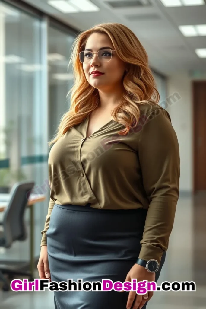 28. Olive Green V-Neck Top with Charcoal Pencil Skirt For Plus Size Luxury Office Wear (1).jpg