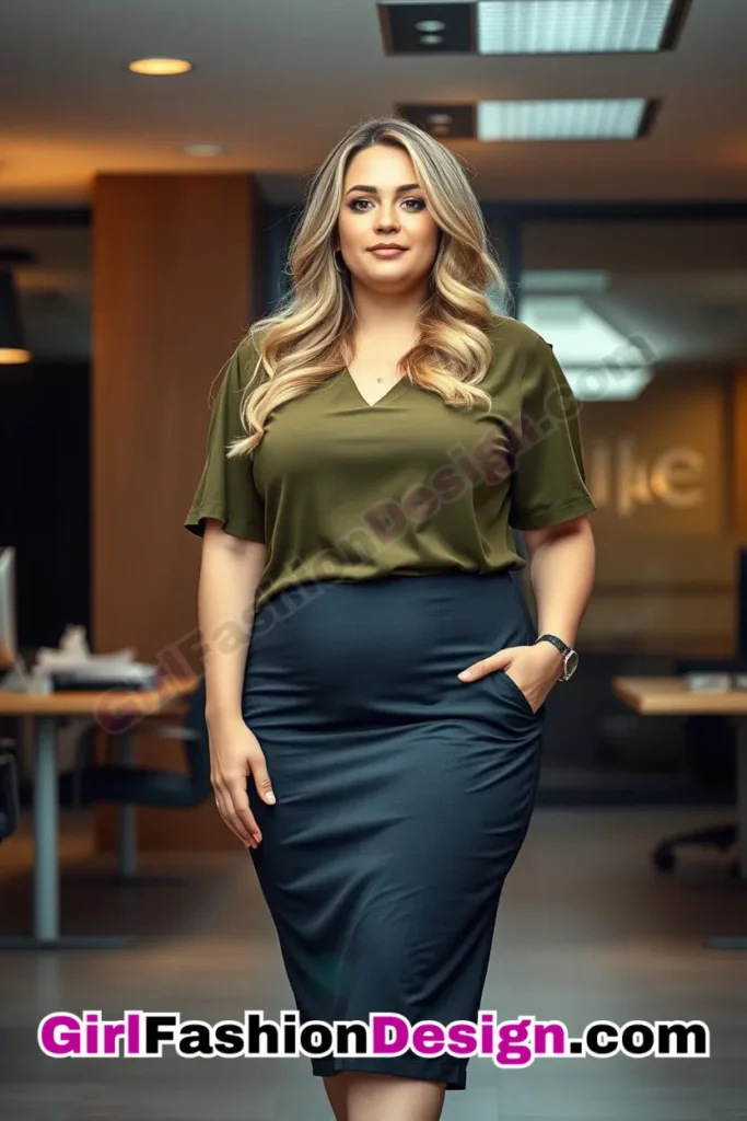 28. Olive Green V-Neck Top with Charcoal Pencil Skirt For Plus Size Luxury Office Wear (2).jpg