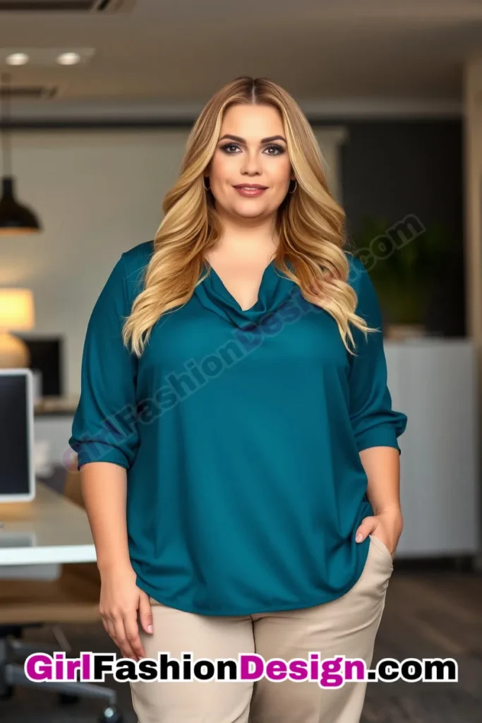 29. Teal Cowl Neck Blouse with Beige High-Waisted Trousers For Plus Size Luxury Office Wear (1).jpg