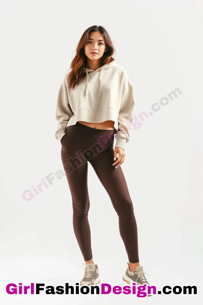 3. Cropped Hoodie and Chunky Sneakers - 21 Must-Try Flare Legging Outfits for Women Stylish Ways to Wear Flare Leggings (5)