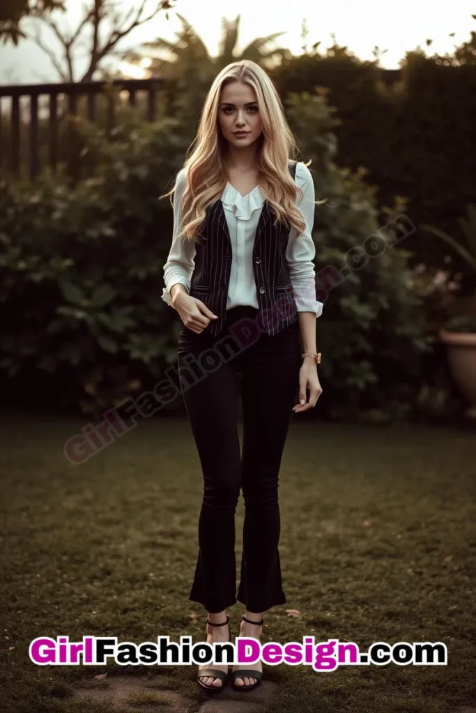 3. Office Wear Flare Leggings Outfits with Pinstripe Vest, Ruffle-Collar Shirt, and Mid-Heel Sandals (1).jpg