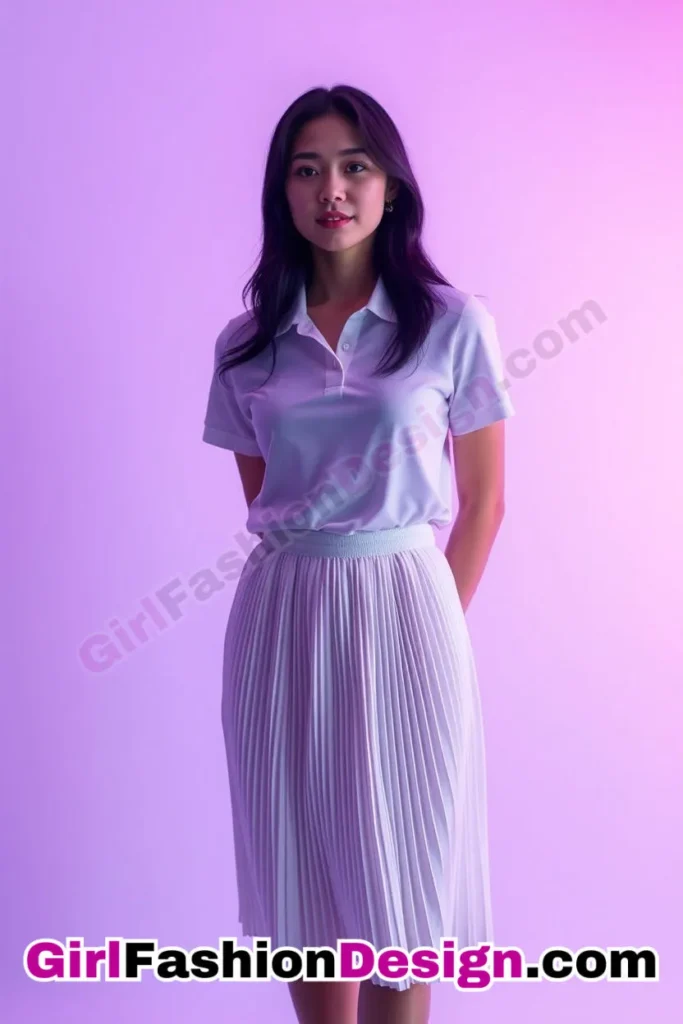 30. Accordion-Pleat Midi Skirt and Polo Shirt - 51 Top Spring School Outfits for Teen Girls Impress Your Friends with Stylish Looks (3)