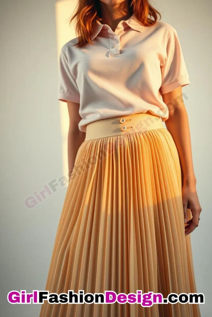 30. Accordion-Pleat Midi Skirt and Polo Shirt - 51 Top Spring School Outfits for Teen Girls Impress Your Friends with Stylish Looks (4)