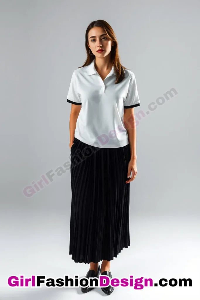 30. Accordion-Pleat Midi Skirt and Polo Shirt - 51 Top Spring School Outfits for Teen Girls Impress Your Friends with Stylish Looks (5)