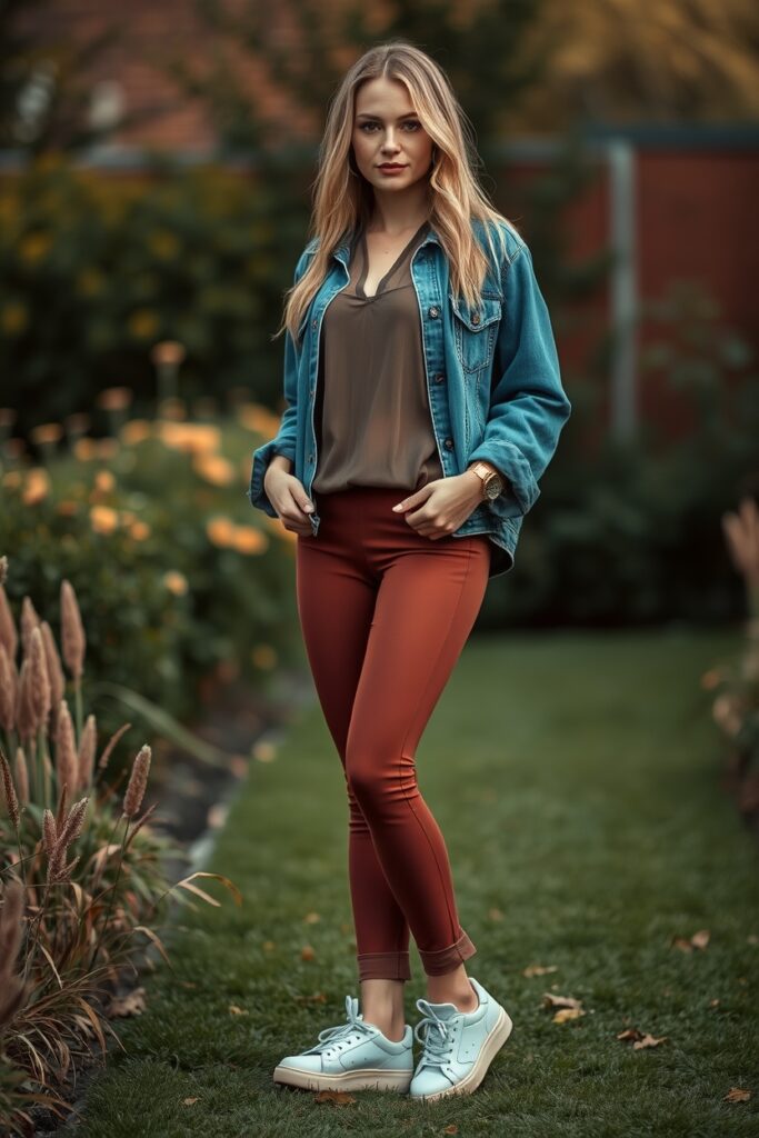 31. American Eagle Flare Leggings Outfit with Sheer Sleeve Blouse, Oversized Denim Jacket, and Low-Profile Sneakers (2)