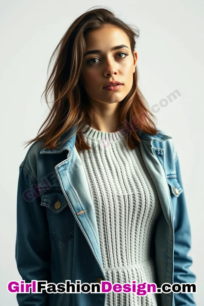 31. Fitted Denim Jacket with a Knit Dress - 51 Top Spring School Outfits for Teen Girls Impress Your Friends with Stylish Looks (3)