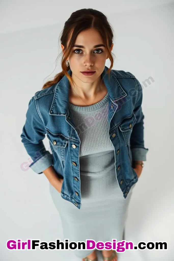 31. Fitted Denim Jacket with a Knit Dress - 51 Top Spring School Outfits for Teen Girls Impress Your Friends with Stylish Looks (4)