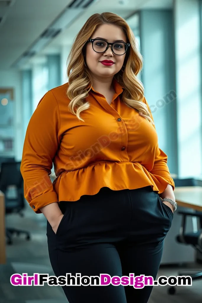 31. Mustard Peplum Shirt with Black Tailored Pants For Plus Size Luxury Office Wear (1).jpg