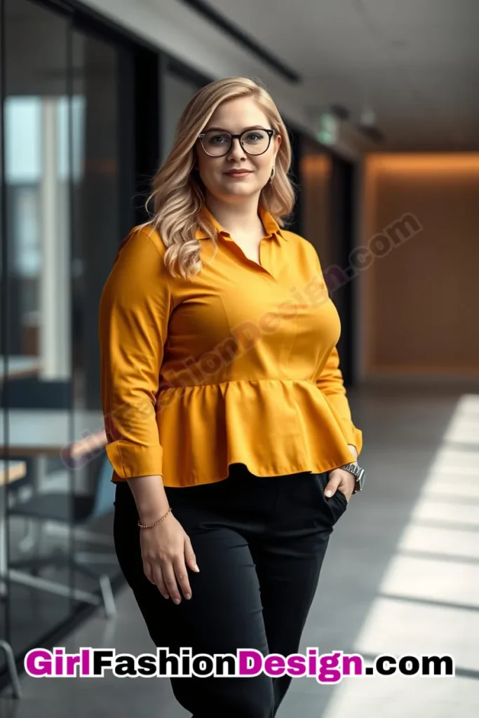 31. Mustard Peplum Shirt with Black Tailored Pants For Plus Size Luxury Office Wear (2).jpg