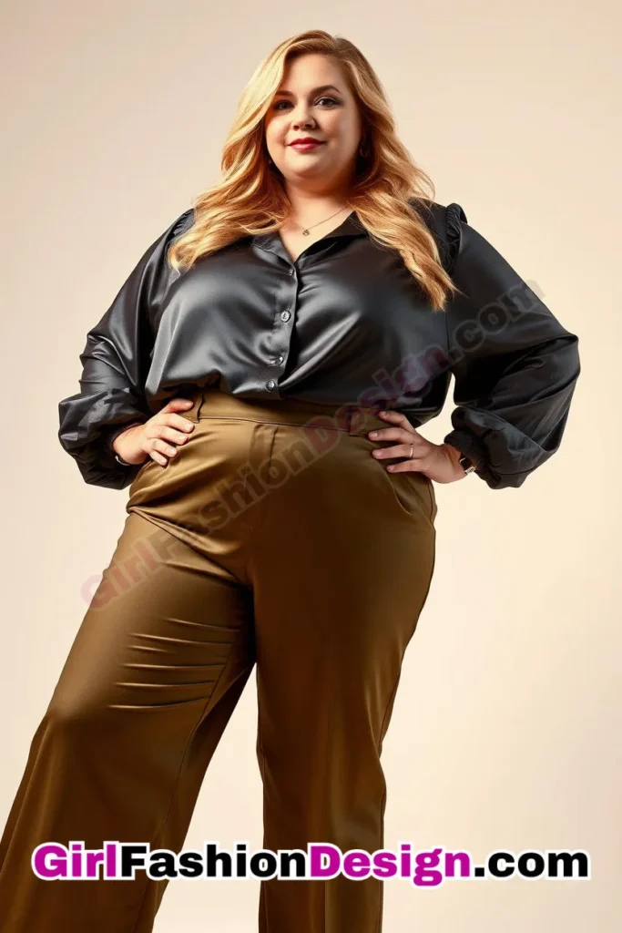 32. Charcoal Satin Blouse with Olive Wide-Leg Trousers For Plus Size Luxury Office Wear (1).jpg