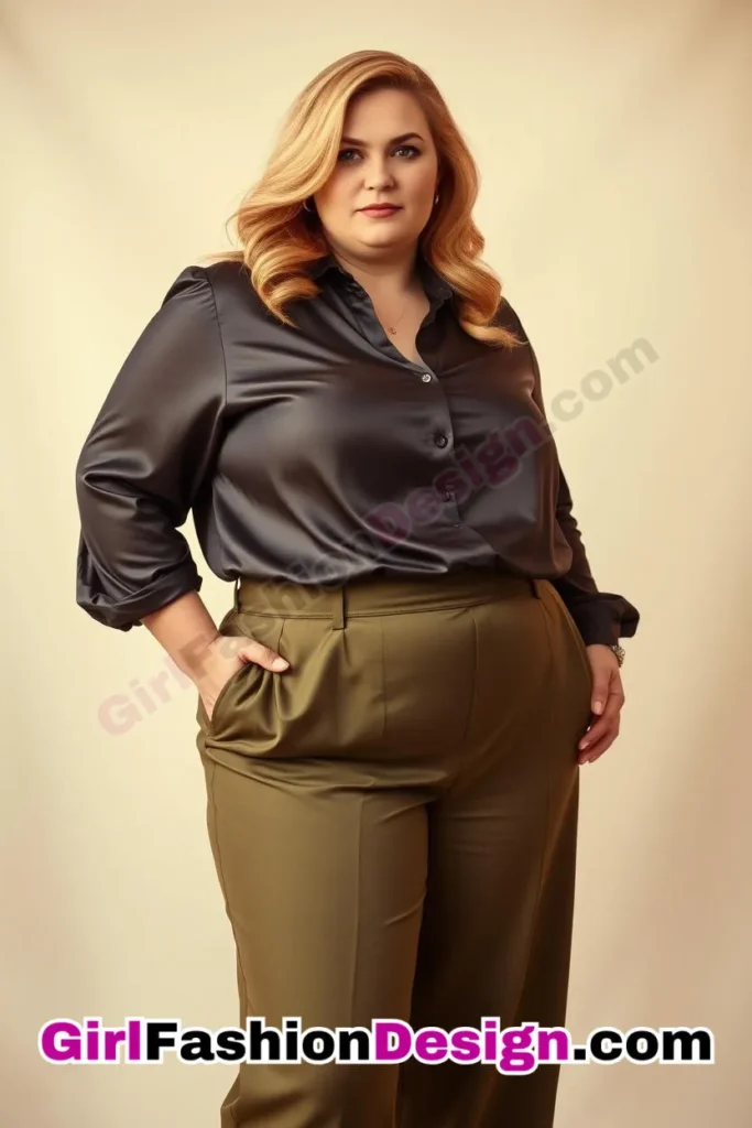 32. Charcoal Satin Blouse with Olive Wide-Leg Trousers For Plus Size Luxury Office Wear (3).jpg