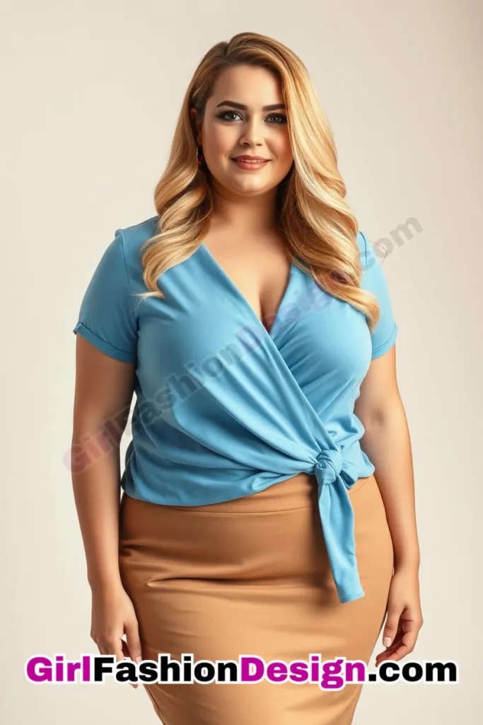 33. Sky Blue Wrap Top with Camel Pencil Skirt For Plus Size Luxury Office Wear (1).jpg