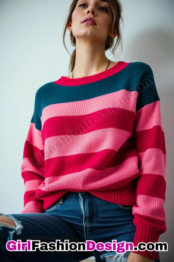 34. Bold Striped Sweater with Distressed Jeans - 51 Top Spring School Outfits for Teen Girls Impress Your Friends with Stylish Looks (1)