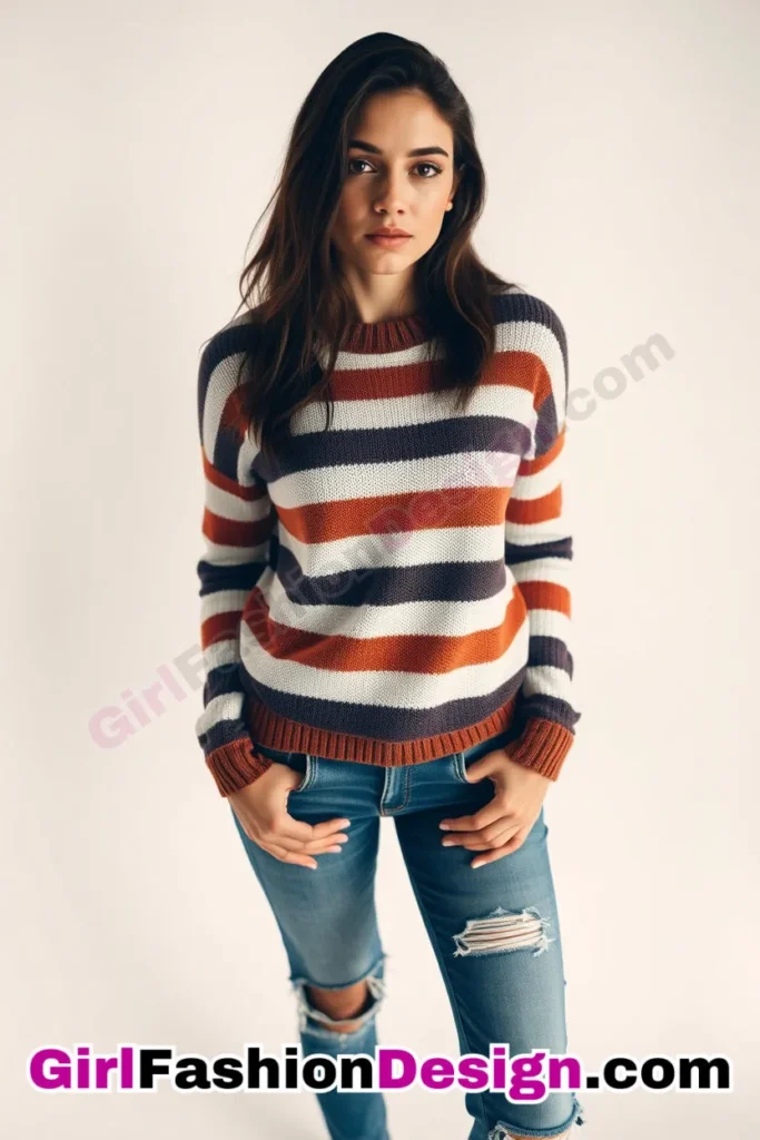 34. Bold Striped Sweater with Distressed Jeans - 51 Top Spring School Outfits for Teen Girls Impress Your Friends with Stylish Looks (2)