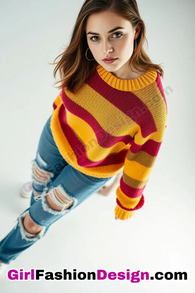 34. Bold Striped Sweater with Distressed Jeans - 51 Top Spring School Outfits for Teen Girls Impress Your Friends with Stylish Looks (3)