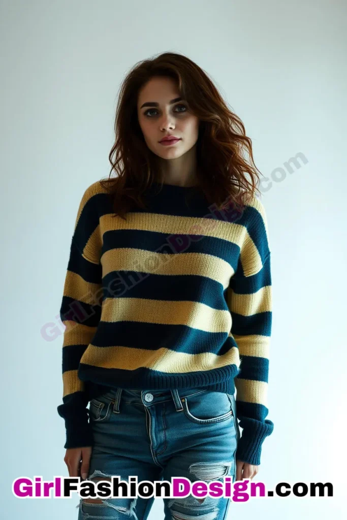 34. Bold Striped Sweater with Distressed Jeans - 51 Top Spring School Outfits for Teen Girls Impress Your Friends with Stylish Looks (5)