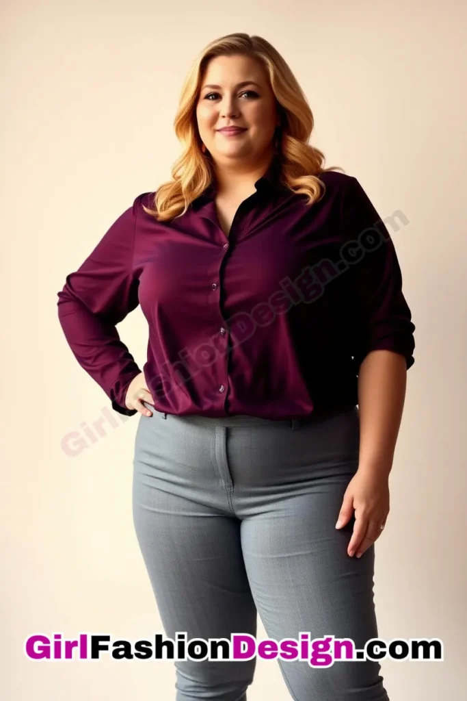 34. Plum Collared Shirt with Gray Slim-Fit Pants For Plus Size Luxury Office Wear (1).jpg